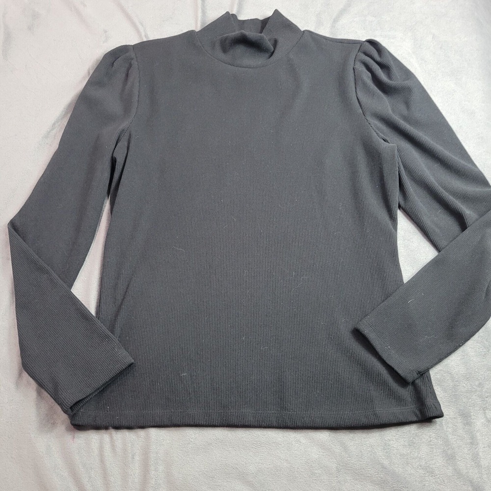 Lands End Blouse Womens Size 14 Black Shirt Long Sleeve Ribbed Comfort Stretch